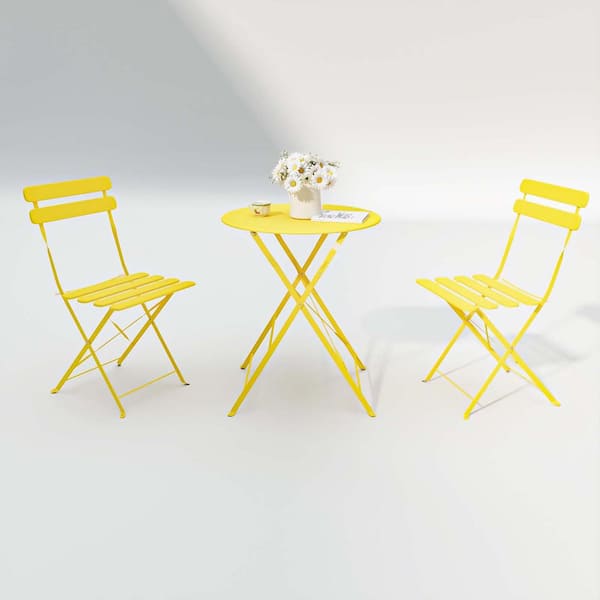 Yellow 3-Piece Metal Outdoor Bistro Set Patio Bistro Table and Chairs with Beige Cushions ...