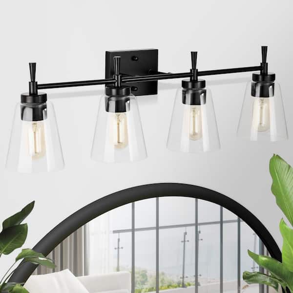 Edvivi Briarwood 30 in. 4-Lights Matte Black Vanity Light with Clear Glass Cone Shades