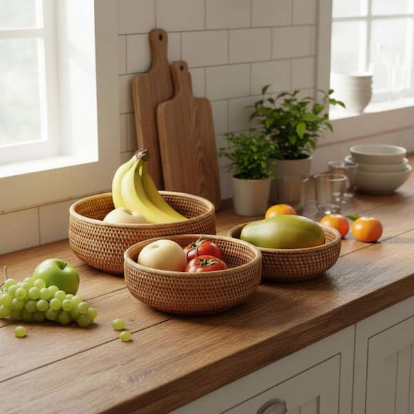 3 Piece Round Rattan Fruit Basket Set