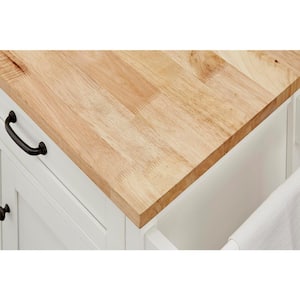 Rockford White Rolling Kitchen Cart with Butcher Block Top and Double-Drawer Storage (56" W)