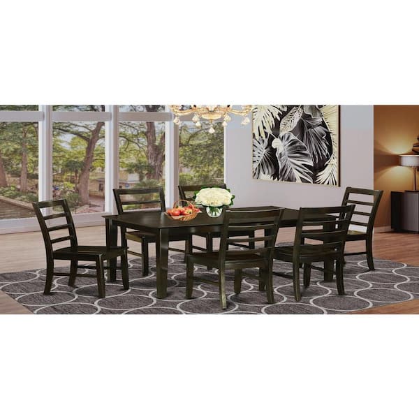East West Furniture 7-Piece Rectangle Cappuccino Finish Solid Wood Top Dining Table with 6 Chairs with Lattice Back