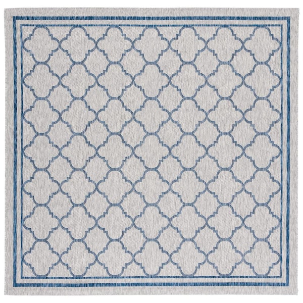 Courtyard Gray/Navy 7 ft. x 7 ft. Border Quatrefoil Indoor/Outdoor Square Area Rug