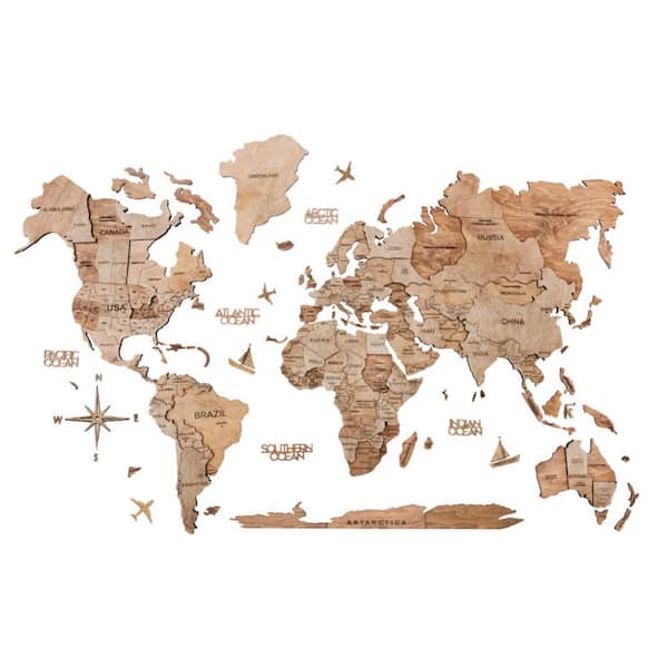 HomeRoots 59 in. x 35 in. Brown Wood Wood World Map Hanging Dimensional Wall Art 1-Piece