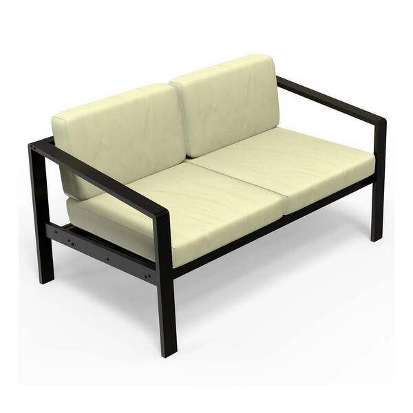 Tunearary Black Metal Aluminum Frame Outdoor Patio Double Loveseat Armchair with Beige Cushions