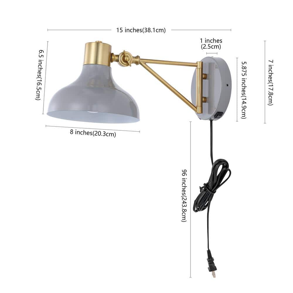 Gray and Brass Gold Swing Arm Wall Sconce with USB Port