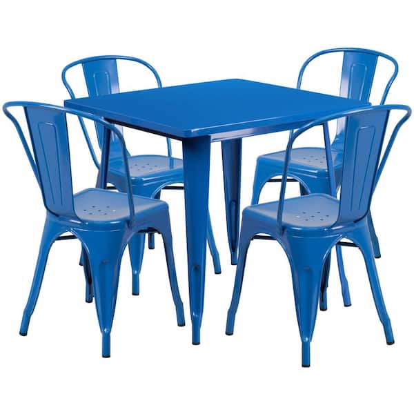 Unbranded Metal Outdoor Dining Table 31.5 in. Square Metal Indoor-Outdoor Table Set with 4 Stack Chairs in Blue