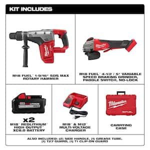 M18 FUEL 18V Lith-Ion Brushless Cordless 1-9/16 in. SDS-Max Rotary Hammer Kit w/Two 8.0Ah Batteries & M18 FUEL Grinder