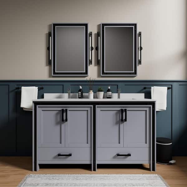 Ziva 60 in W x 22 in D Dark Grey Double Bath Vanity, Cultured Marble Top and 22 in Mirrors