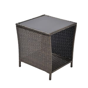 20.1 in. H Black Rattan Outdoor Patio Side Table with Storage Shelf and Glass Top for Garden, Porch, Backyard