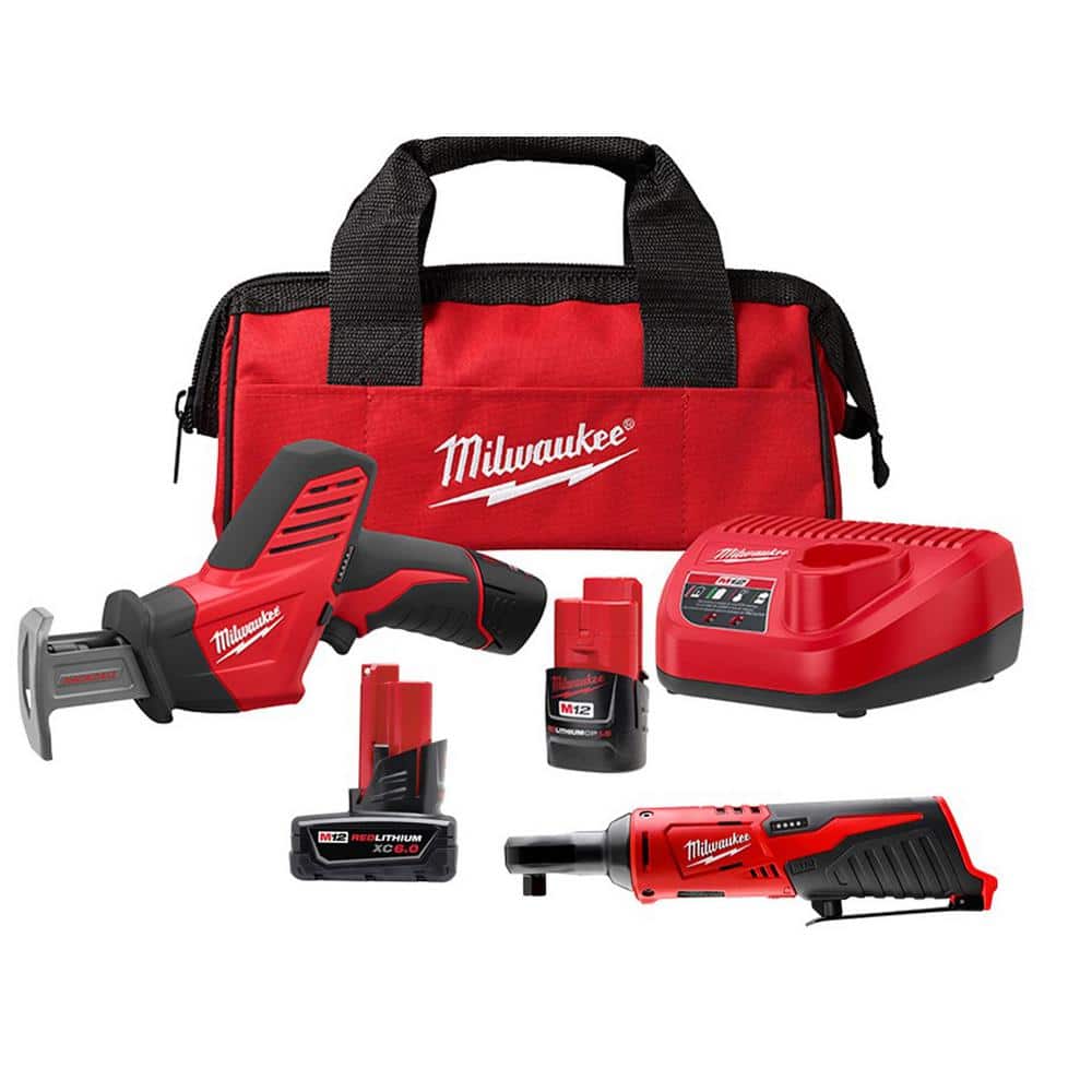 Milwaukee M12 12V Lithium-Ion HACKZALL Cordless Reciprocating Saw Kit with M12 3/8 in. Ratchet and 6.0 Ah XC Battery Pack -  2420-21-2457-20