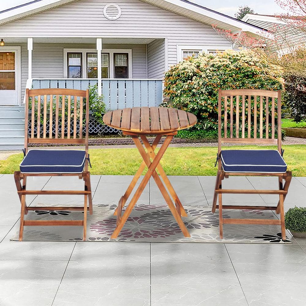3-Piece Folding Acacia Wood Patio Bistro Set with Navy Cushions