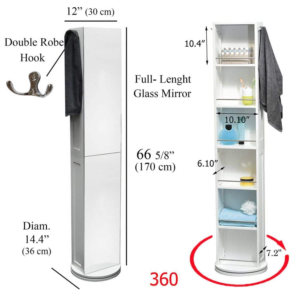 White Rotating Bathroom Storage Cabinet with Full-Length Mirror