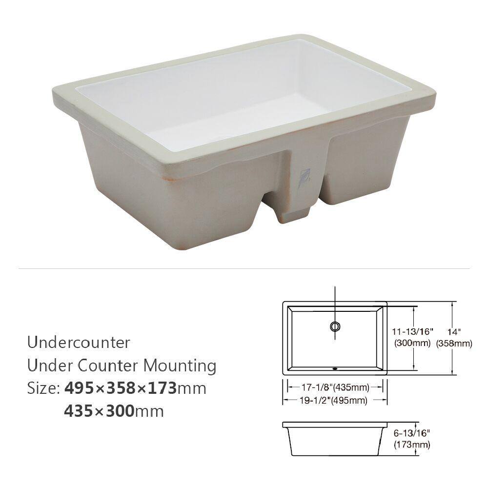 19.5 Inch White Ceramic Undermount Rectangular Bathroom Sink