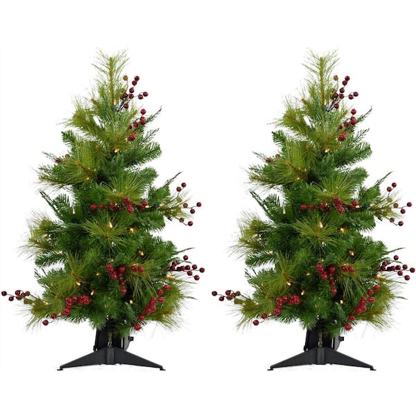 Christmas Time 4 ft. Red Berry Mixed Pine Artificial Christmas Tree with LED Lights (Set of 2)