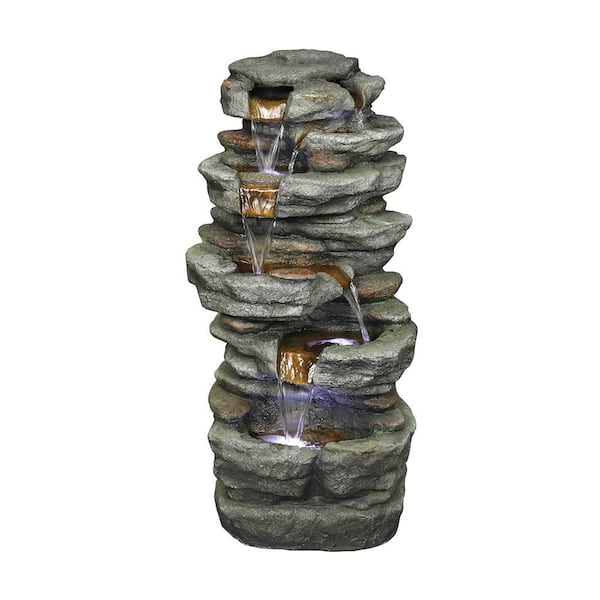 Watnature 32.6in. Rockery Water Fountain with Led Lights, 6-Tiered Resin Relaxation Outdoor Fountain for Patio, Yard, Deck, Garden