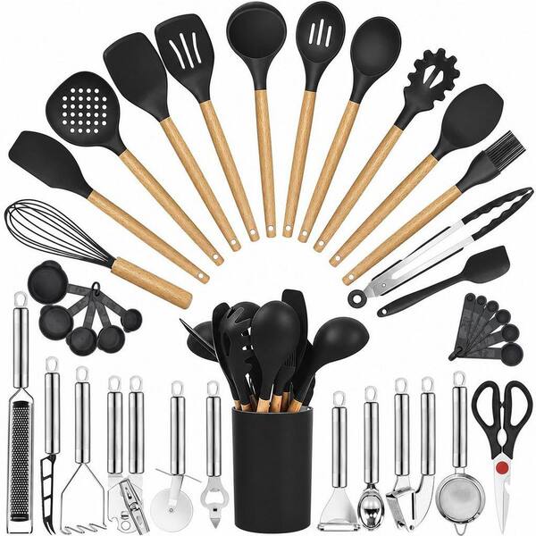 35-Piece Black Kitchen Utensils with Wooden Handles, Including Grater,Tongs, Spoon Spatula and Turner