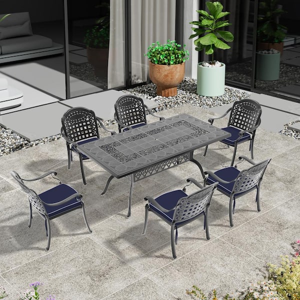 Willit Isabella Black 7-Piece Cast Aluminum Outdoor Dining Set with Rectangle Table and Dining Chairs with Random Color Cushion
