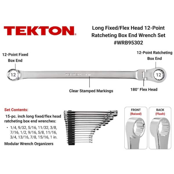 Long Fixed/Flex Head 12-Point Ratcheting Box End Wrench Set with Modular Organizers, 15-Piece (1/4-1 in. )