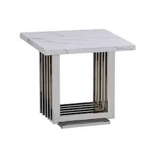 Magda 24 in. White Square Marble Top End Table with Stainless Steel Base