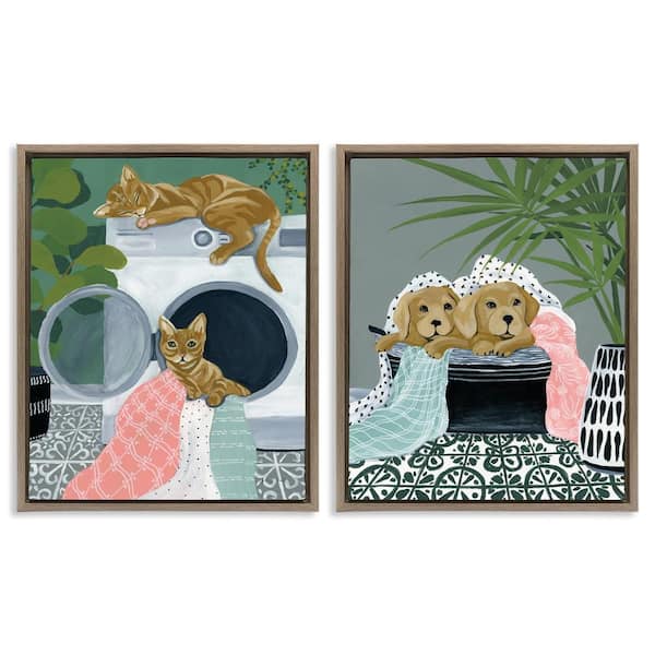 Stupell Industries Cats and Dogs Laundry Room by Yvette St. Amant 2-Pieces Brown Floater Frame Animal Graphic Art Print 31 in. x 25 in.