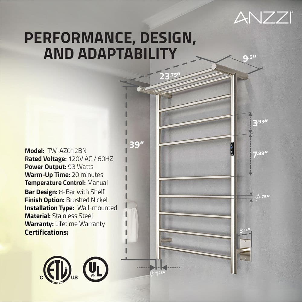 Brushed Nickel 8-Bar Wall Mounted Electric Towel Warmer