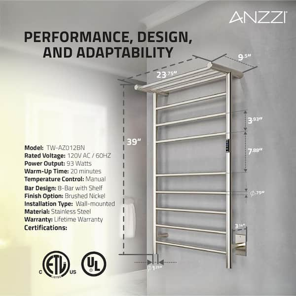 Eve Series 8-Bar Wall Mounted Electric Plug-In Bathroom Towel Warmer Rack in Brushed Nickel Finish Stainless Steel