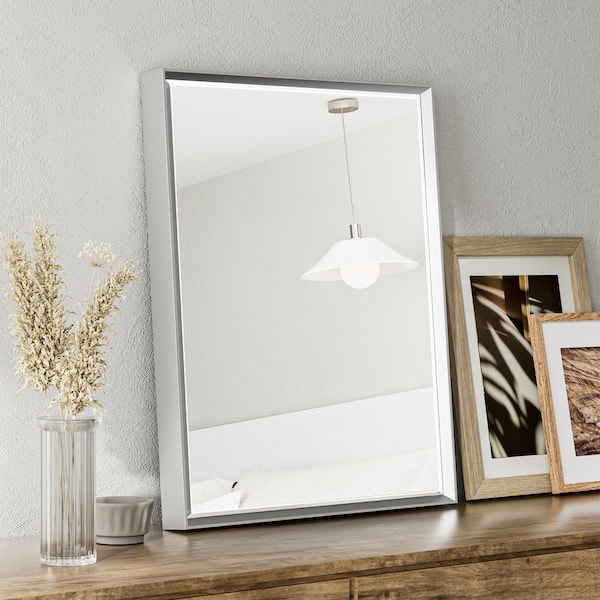 QueenFun 16 in. W x 24 in. H Rectangular Framed Aluminum Beveled Edge Wall Mount Bathroom Vanity Mirror in Brushed Silver