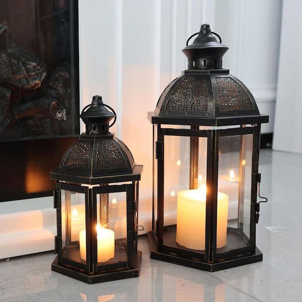 14.9 in. x 7.3 in. Black Metal Vintage Lantern without Candle, Set 14.9 in. x 7.3 in. Black Metal Vintage Lantern without Candle, Set