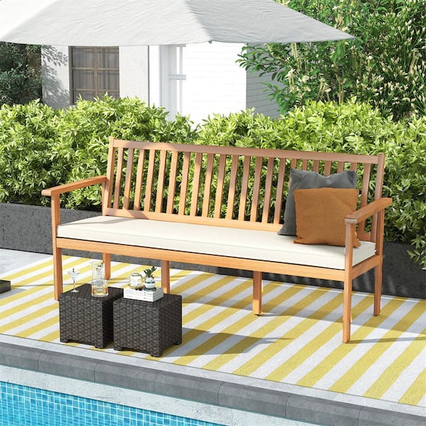 3-Person Wood Outdoor Bench with Off White Seat Cushion