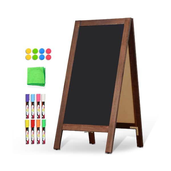 1-Pack Double-Sided Magnetic A Frame Chalkboard Sign with Rustic Wood, Outdoor Menu Board, Brown, 8 Markers
