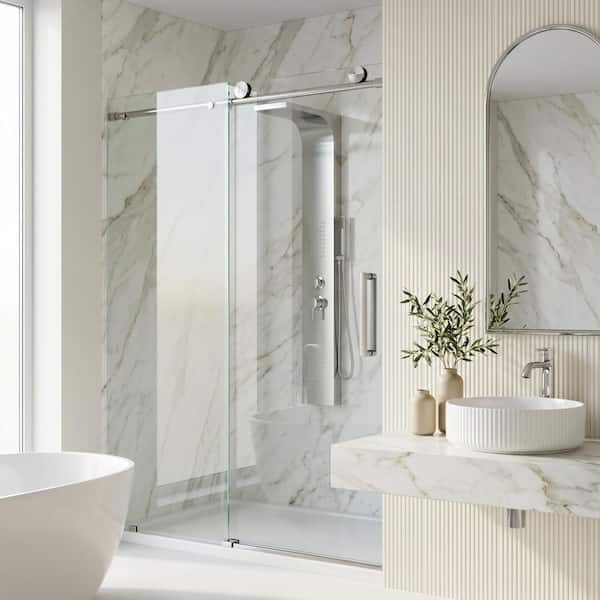 Elan 56 to 60 in. W x 76 in. H Frameless Sliding Shower Door VMotion in Stainless Steel Clear Glass