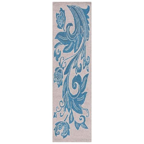 Abstract Beige/Blue 2 ft. x 8 ft. Border Floral Runner Rug