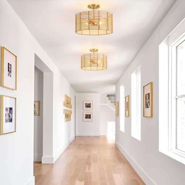 Dayereh 15.5 in. 2-Light Bohemian Rattan Semi-Flush Mount Ceiling Light