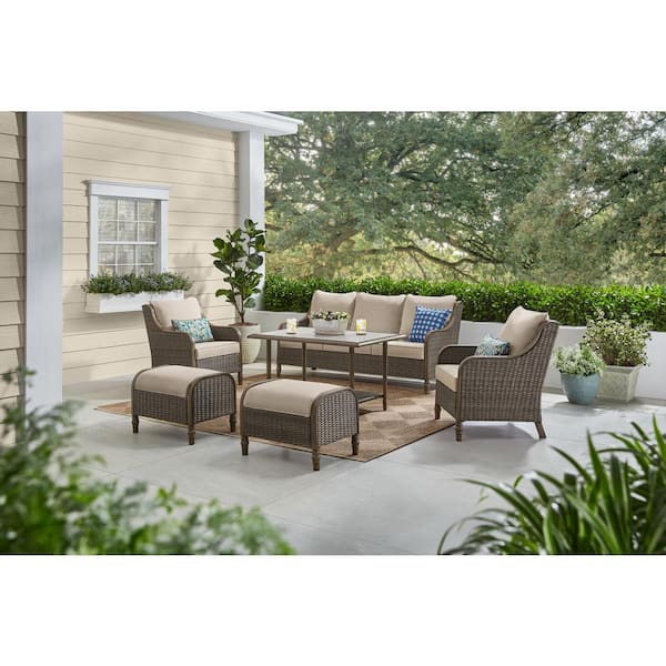 Windsor 6-Piece Brown Wicker Outdoor Patio Conversation Seating Set with Cushion Guard Biscuit Tan Cushions