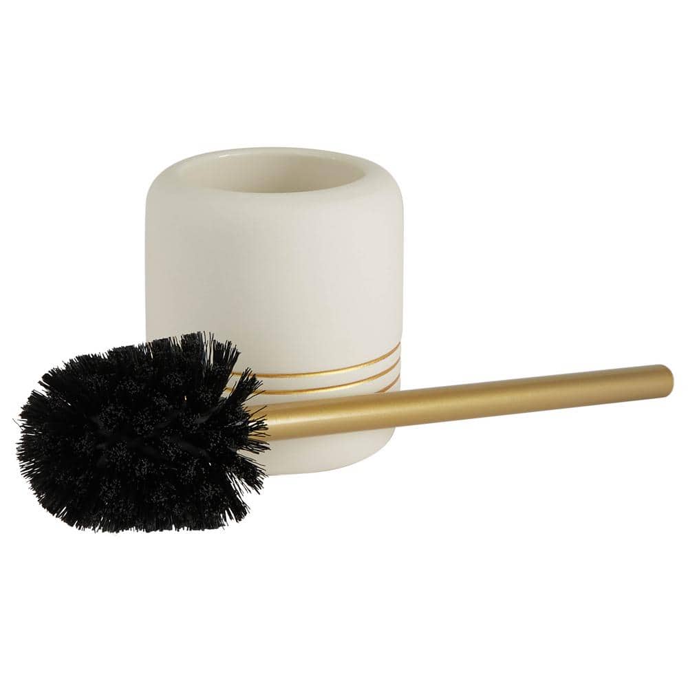 White and Gold Ceramic Toilet Brush Holder with Stainless Steel Handle