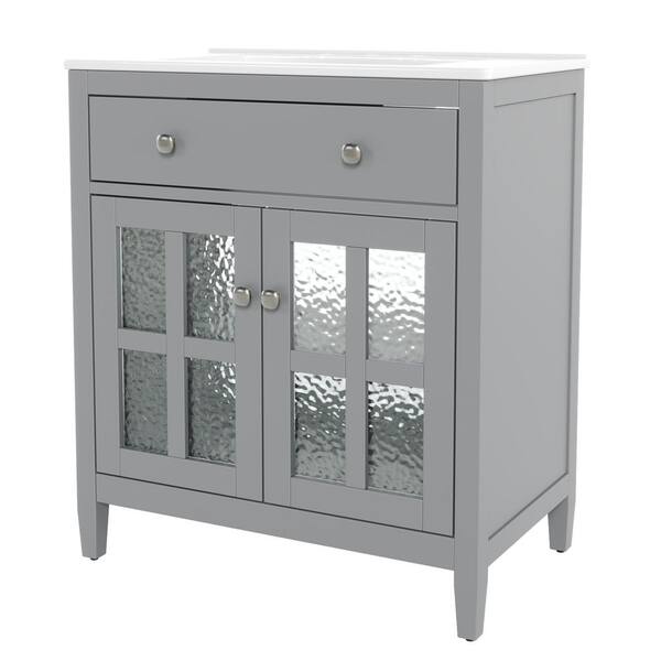 30 in. Freestanding Gray Bath Vanity with White Ceramic Top, Adjustable Shelf and Tip-Out Tray