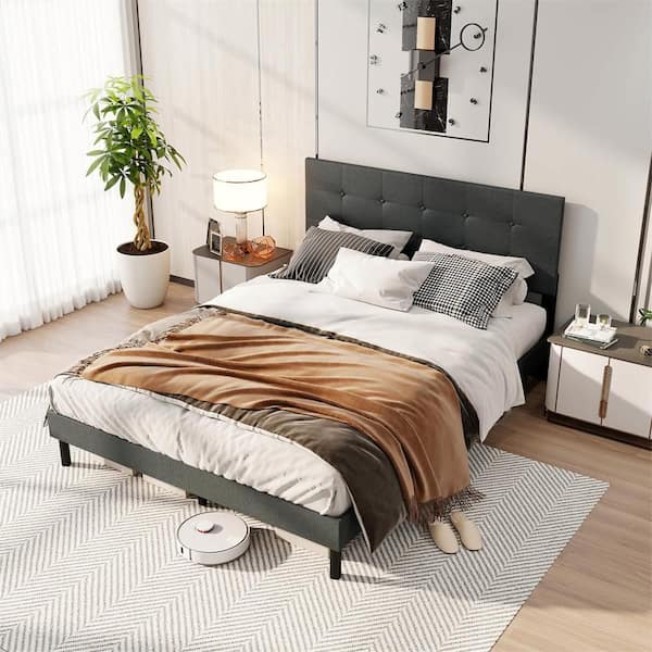 Queen Size Bed frame Linen Upholstered Platform Bed Frame in Gray with Tufted Headboard
