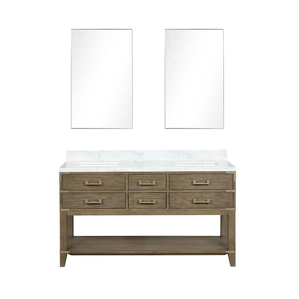 Lexora Irvington 60 in W x 22 in D Grey Oak Double Bath Vanity, Carrara Marble Top, and 28 in Mirrors