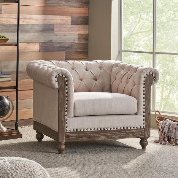 Glencoe Dark Brown/Beige Polyester Club Chair with Tufted Cushions (Set of 1)