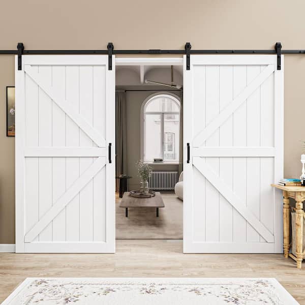 ARK DESIGN 84 in. x 84 in. Paneled off White Primed MDF British K-Shape MDF Sliding Barn Door with Hardware Kit