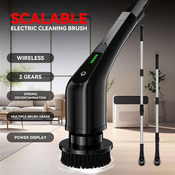 Cordless Portable Carpet Cleaners, Power Scrubber, 2-Speeds, 7-Brush Heads, Long Handle for Bathroom, Tub, Black