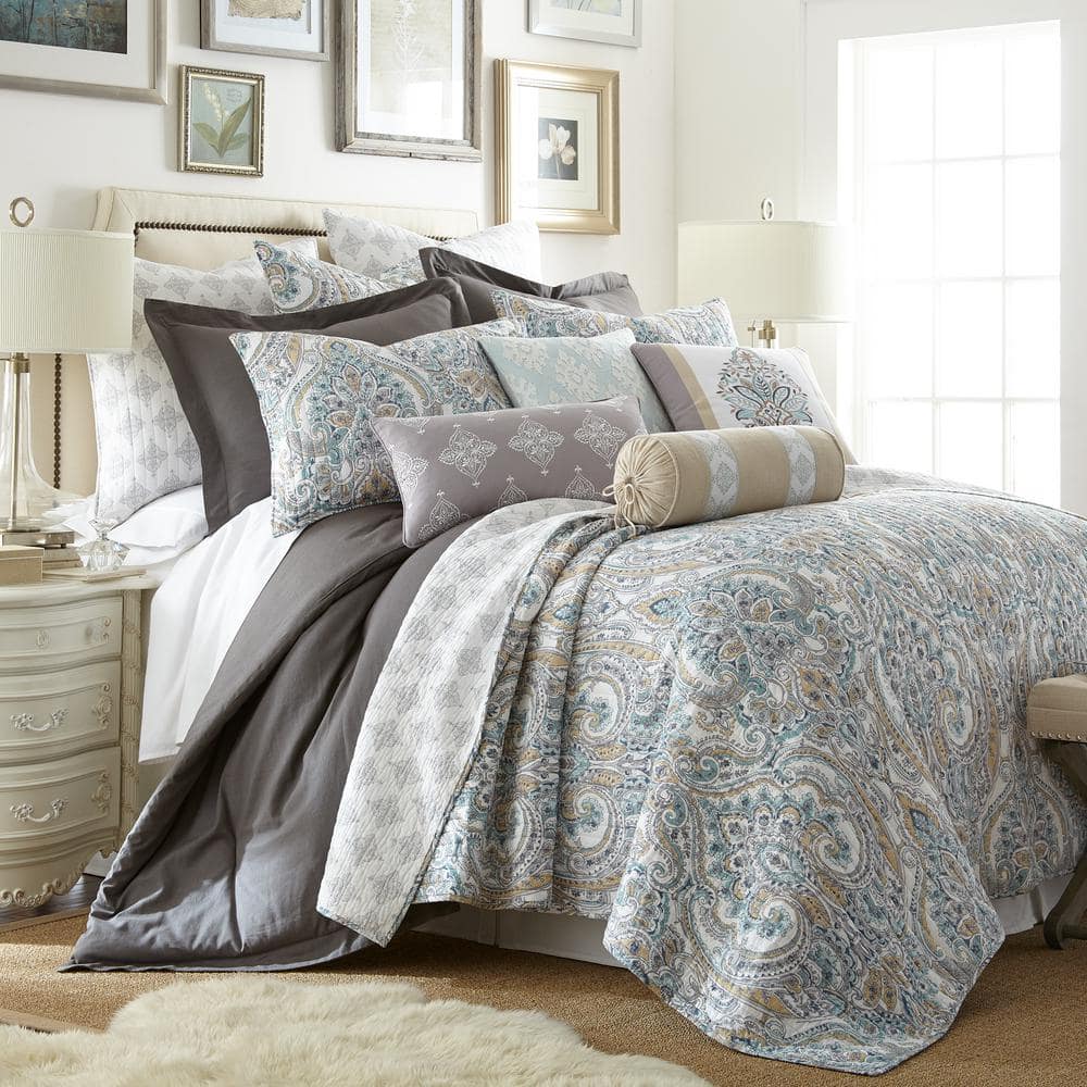 Gray and Ivory Embroidered Rectangular Feather Throw Pillow