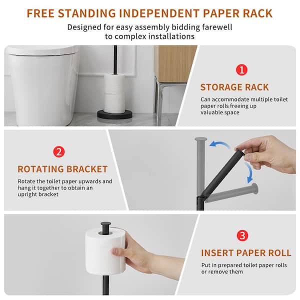 Round Free Standing Toilet Paper Holder Toilet Paper Roll Holder with Weighted Base in Brushed Matte Black
