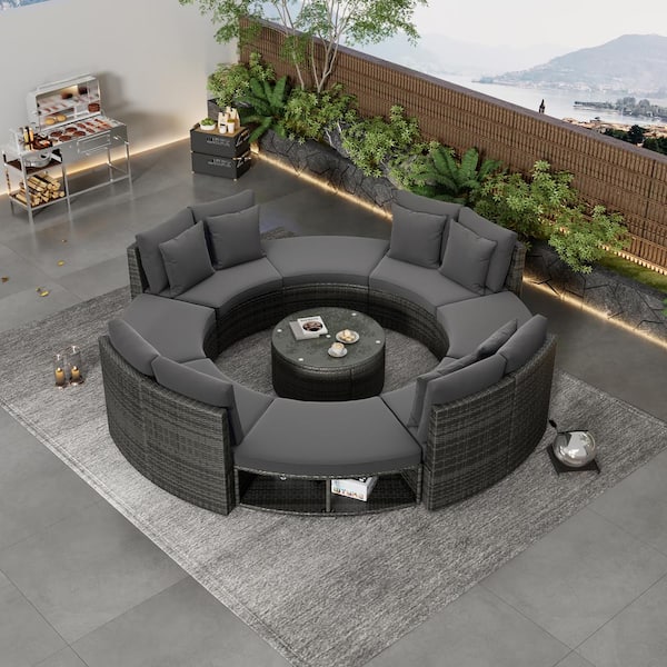 JimsMaison 9-Piece Wicker Patio Conversation Set with Gray Cushions