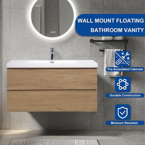 42 in. Wall-Mounted Floating Bath Vanity in Natural Oak with Single Solid Surface Sink Top in White