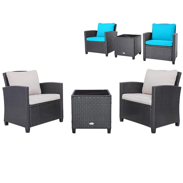 ANGELES HOME 3-Piece Wicker PE Rattan Patio Conversation Set with Multi-Color Washable Cushions, Beige and Turquoise