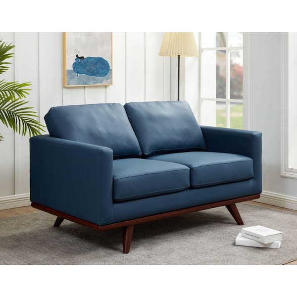Leisuremod Chester 58 in. Wide Leather Loveseat Sofa with Removable Cushions 2-Seater Chair with Birch Wood Legs in Navy Blue