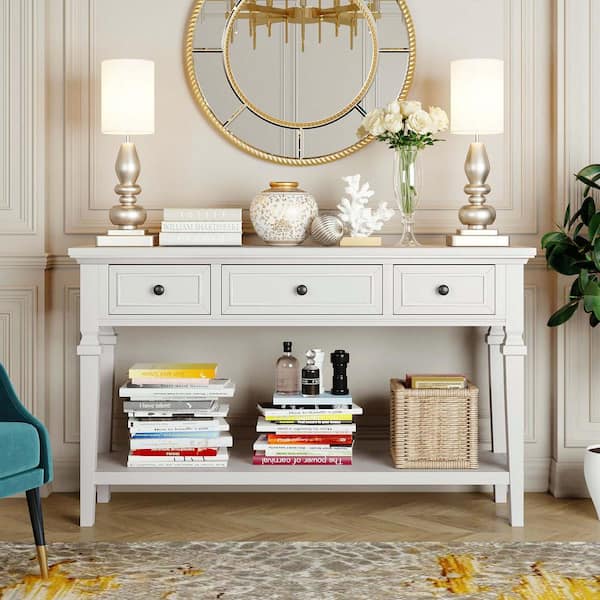 Polibi 50 in. Antique White Rectangle Wood Console Table with Three Top Drawers and Open Style Bottom Shelf, Easy Assembly
