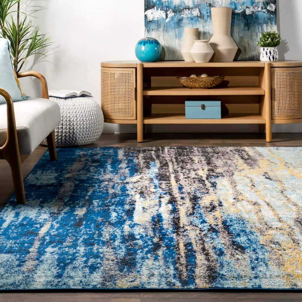 Elysian Blue Abstract Easy-Care Rectangular Rug, 2'x3'