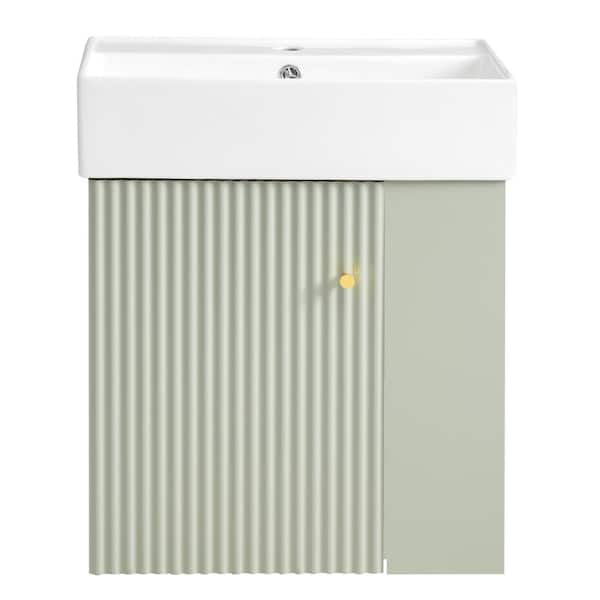 Cesicia 21.6 in. W x 12.2 in. D x 26.4 in. H Floating Bath Vanity in Green with White Ceramic Top and Right Side Storage